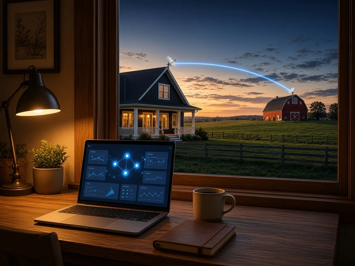 Farmhouse home office at dusk with a laptop showing an automation dashboard