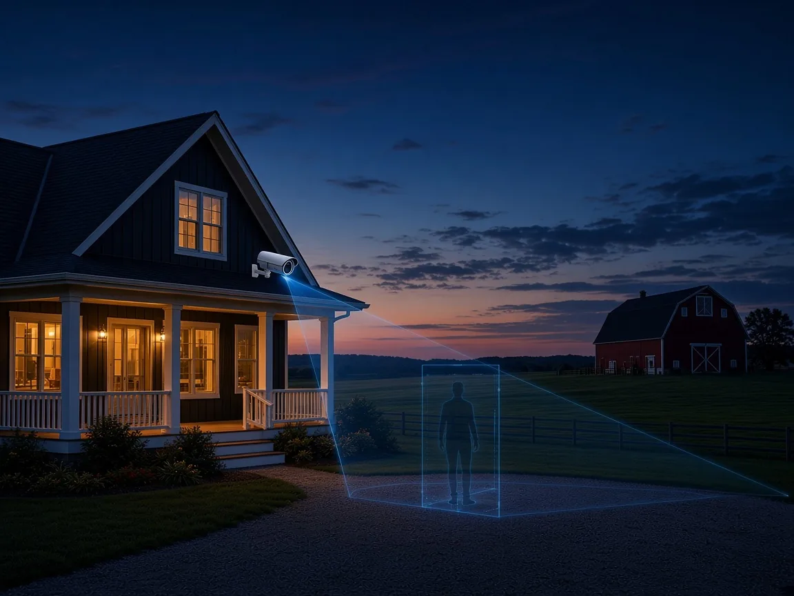 Security camera at night detecting a person walking past the driveway