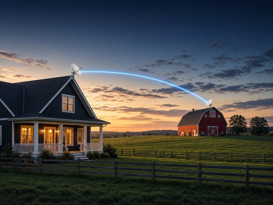 Farmhouse linked to a red barn by a point-to-point wireless link