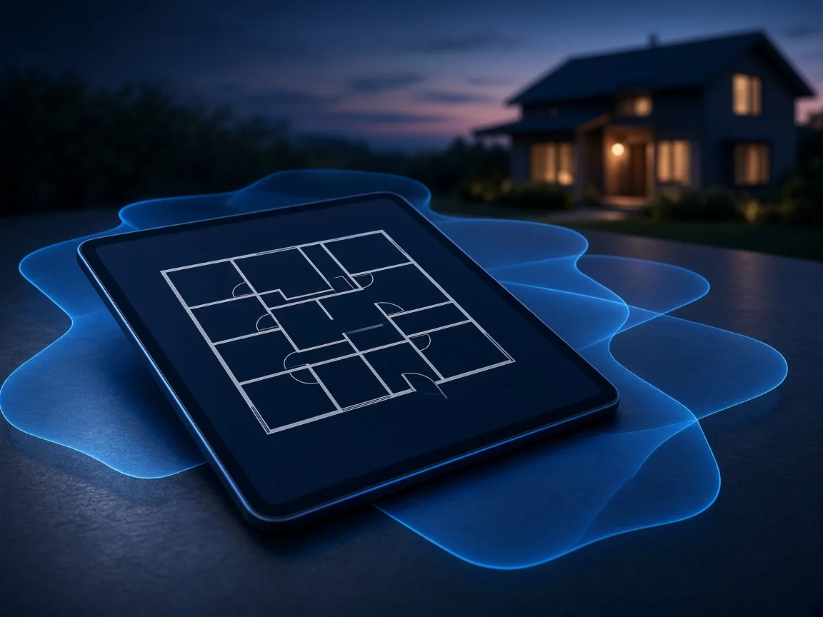 Tablet with a floor plan in front of a home at dusk