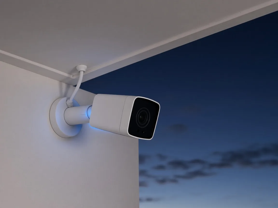 White bullet security camera mounted under an eave