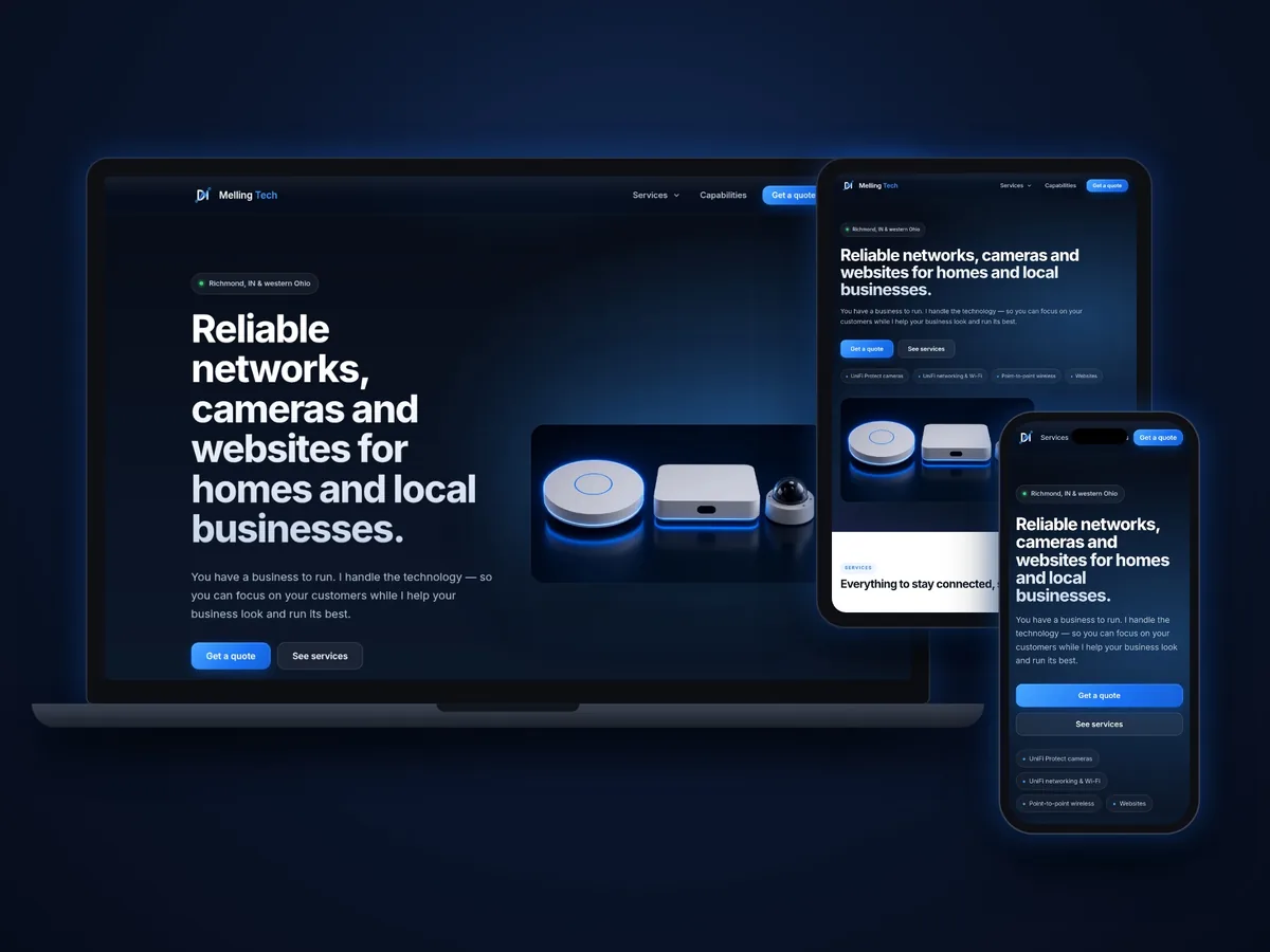 The Melling Tech website shown on a laptop, tablet and phone