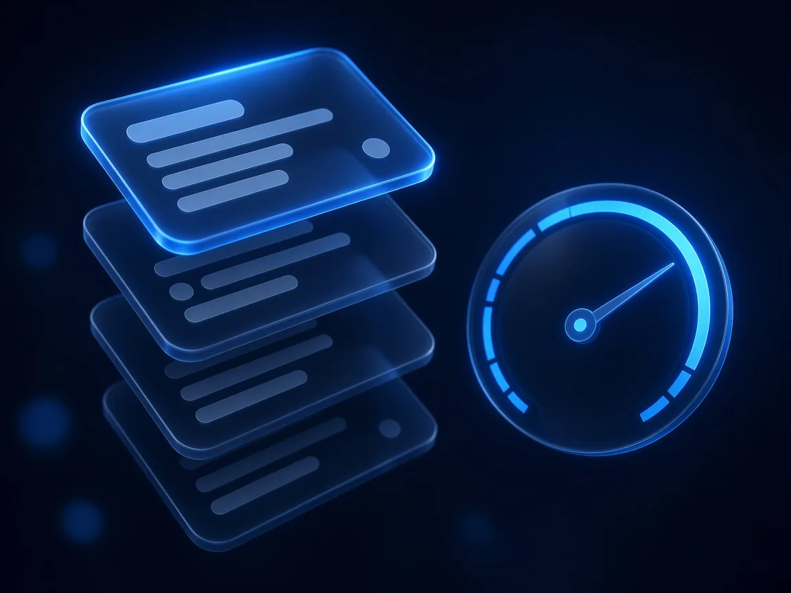 Glowing speed gauge beside stacked search result cards
