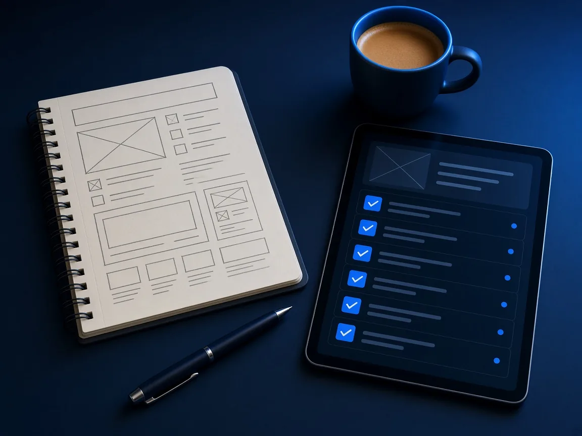 Notebook with a sketched page layout beside a tablet checklist