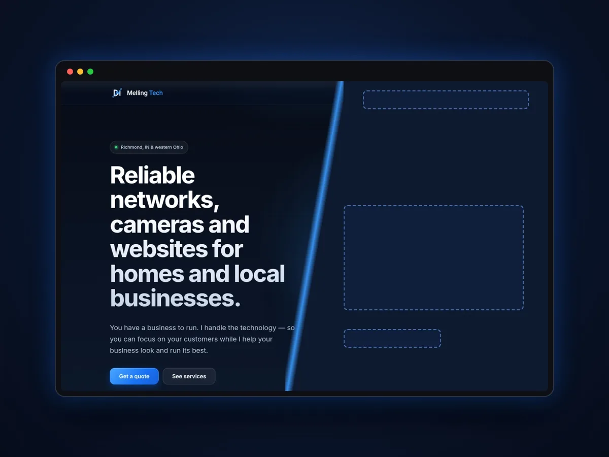 Melling Tech home page shown half as a wireframe and half as the finished design